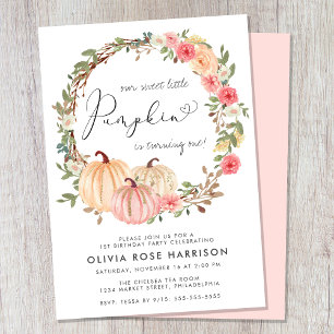 Pumpkin Pink Floral Wasserfarbe 1. Geburtstag Part Einladung