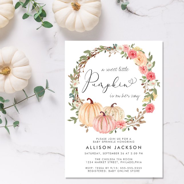 Pumpkin Pink Floral Watercolor Girl Baby Sprinkle Einladung (Celebrate the upcoming arrival of your sweet little autumn baby with a pumpkin-themed baby shower)