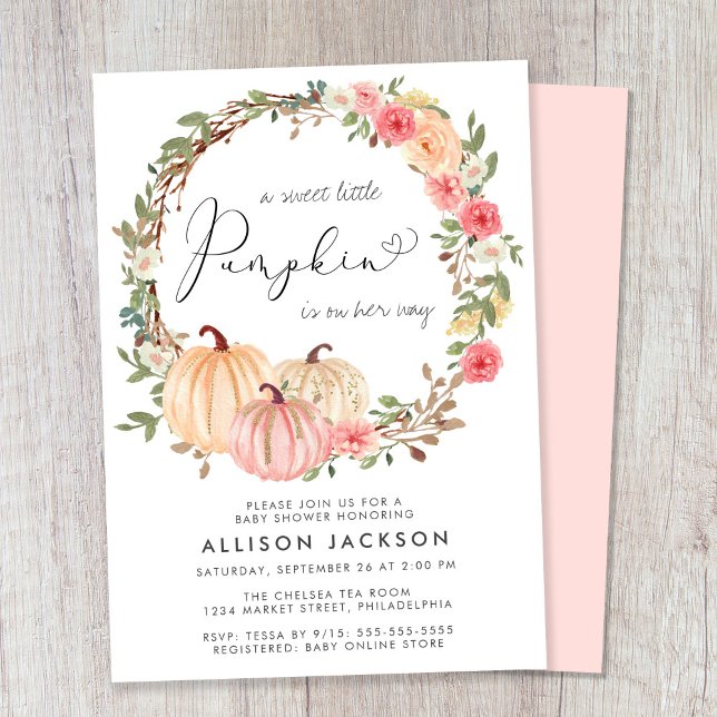 Pumpkin Pink Floral Watercolor Girl Babydusche Einladung (Celebrate the upcoming arrival of your sweet little autumn baby with a pumpkin-themed baby shower)