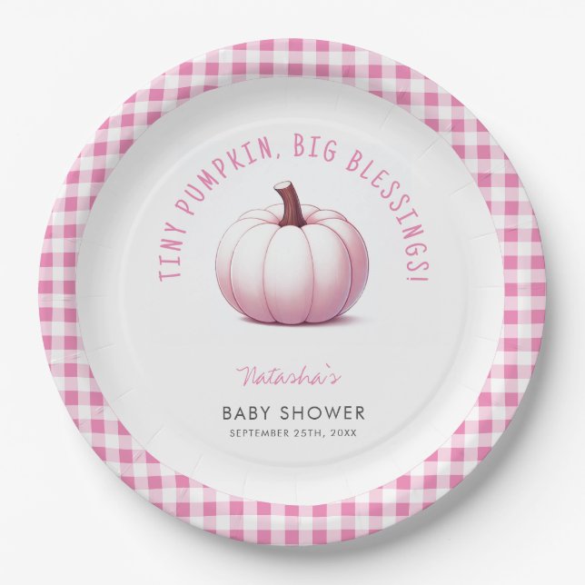 Pumpkin Pink Gingham Kariert Baby Girl Baby Dusche Pappteller (Vorderseite)