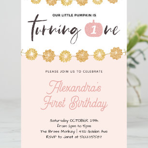 Pumpkin Pink Gold Floral Halloween 1. Geburtstag Einladung
