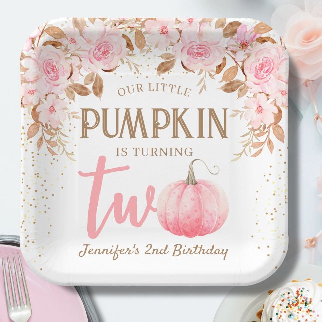 Pumpkin Pink & Gold Girl Floral Herbst 2. Geburtst Pappteller (Von Creator hochgeladen)