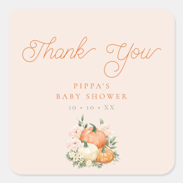 Pumpkin Pink & Orange Baby Dusche Vielen Dank Quadratischer Aufkleber (Vorderseite)