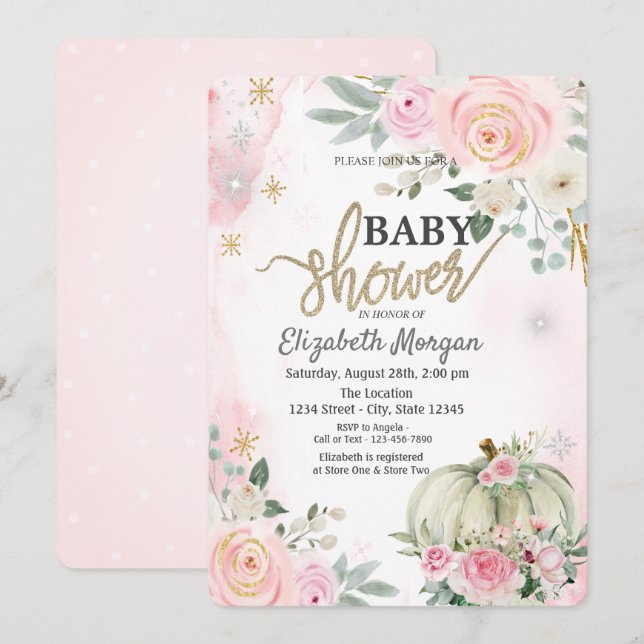 Pumpkin Pink Roses Polka Dots Baby Dusche Einladung (Vorne/Hinten)