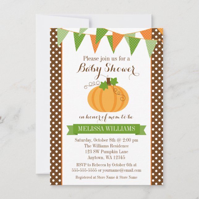 Pumpkin Polka Dot Bunting Fall Babydusche Einladung (Vorderseite)
