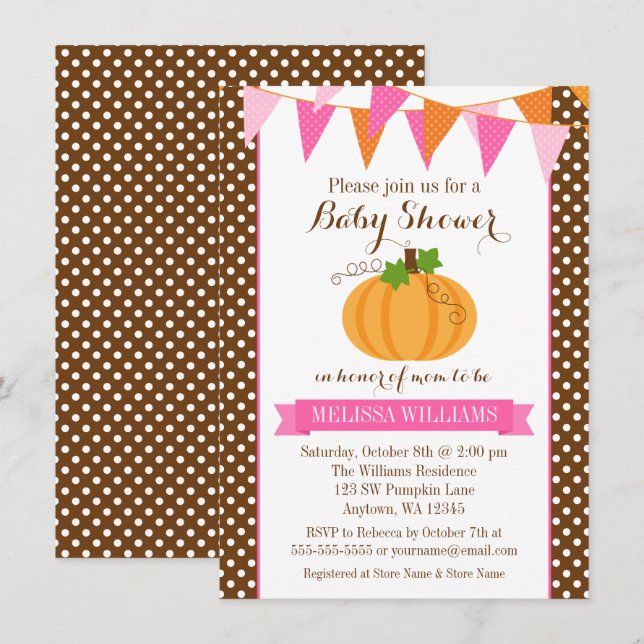 Pumpkin Polka Dot Bunting Girl Fall Baby Dusche Einladung (Vorne/Hinten)
