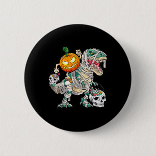 Pumpkin Riding Mummy Dinosaur T rex Halloween Funn Button