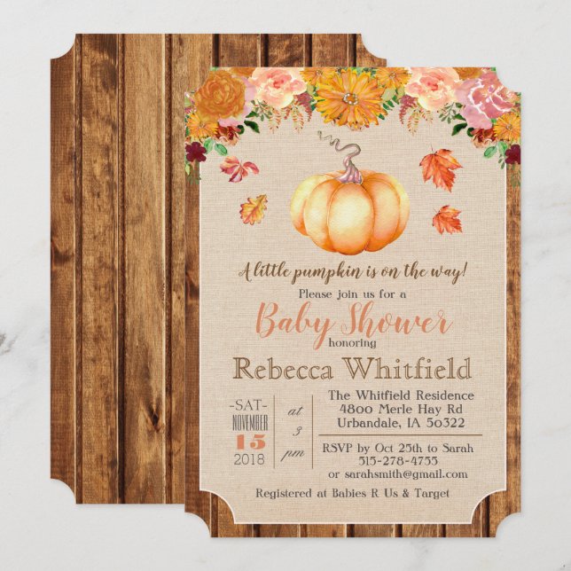 Pumpkin Rustic Blätter Wood Baby Dusche Einladung (Vorne/Hinten)