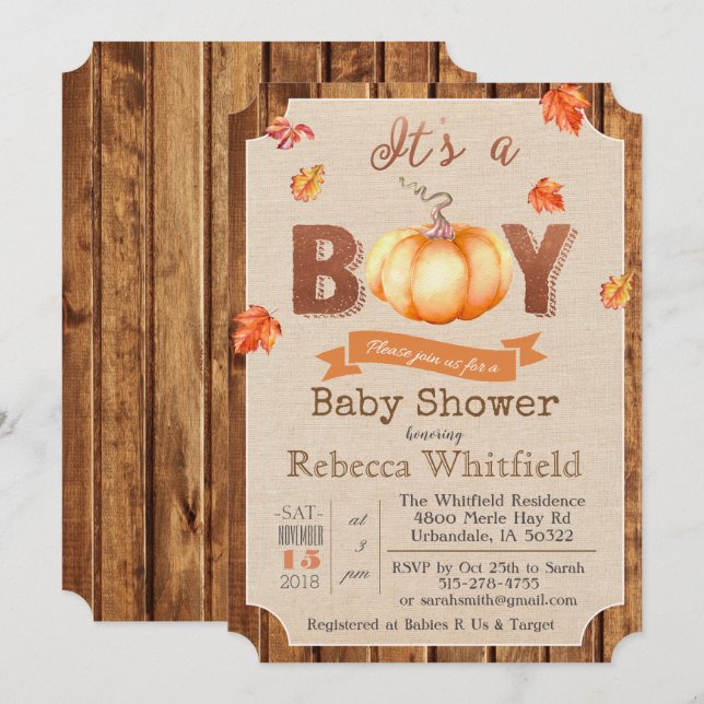 Pumpkin Rustic Blätter Wood Baby Dusche Einladung (Vorne/Hinten)
