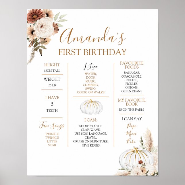 Pumpkin Rustic Boho Fall in Liebe 1 Jahr Zeichen Poster (Vorne)