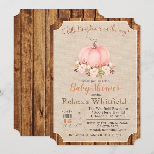 Pumpkin Rustic Floral Wood Baby Dusche Einladung (Vorne/Hinten)