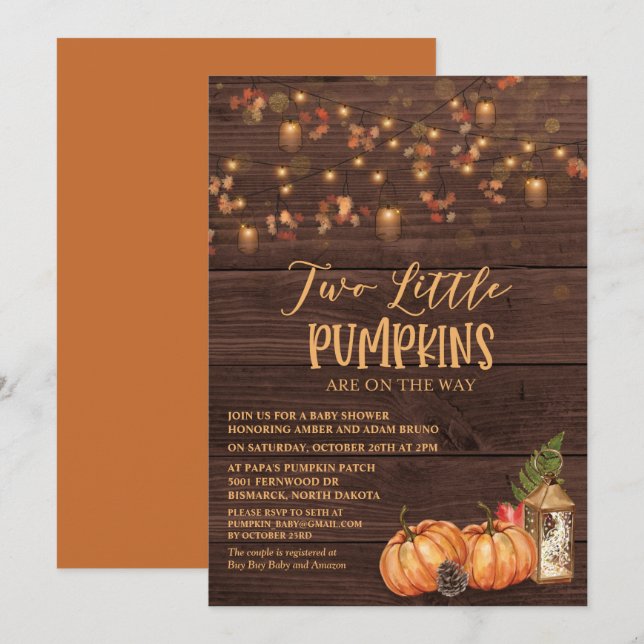 Pumpkin Rustic Twin Baby Shower Einladung (Vorne/Hinten)