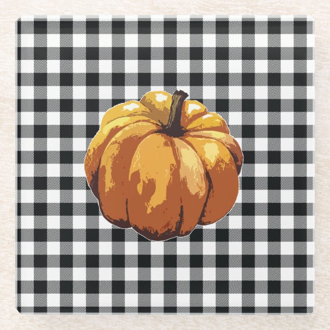 Pumpkin Schwarzer Karo Herbst Glasuntersetzer (Vorderseite)