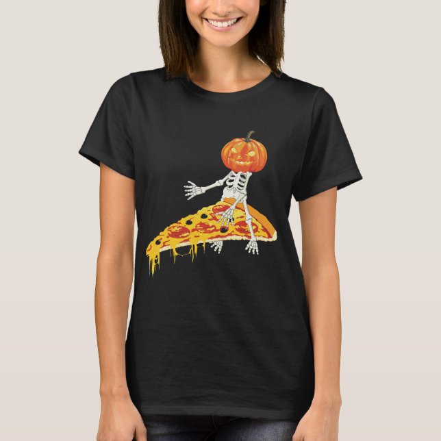 Pumpkin Skeleton Riding Pizza Halloween T-Shirt (Vorderseite)