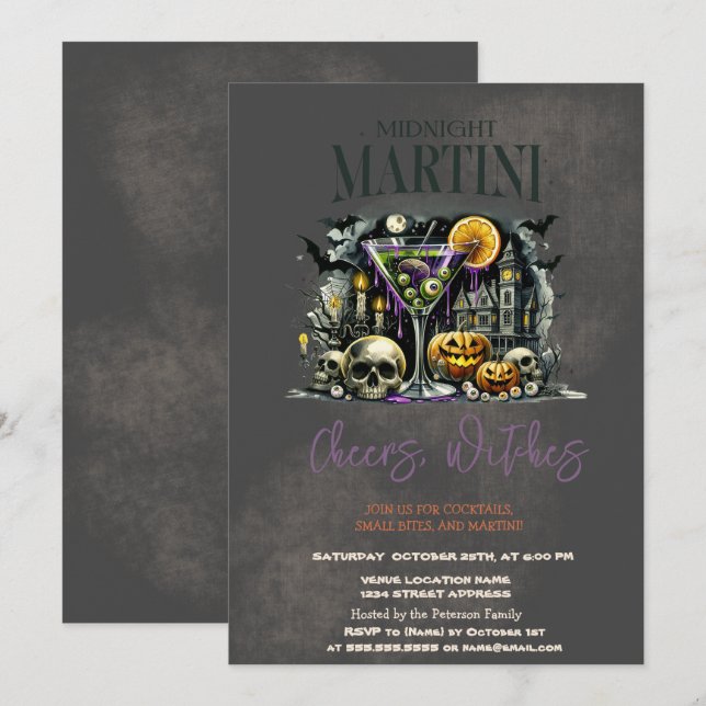Pumpkin Skeleton Skull Martini Dark Halloween Einladung (Vorne/Hinten)