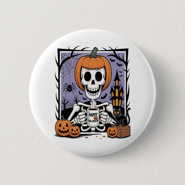 Pumpkin Skeleton trinken Kaffee Button (Vorderseite)