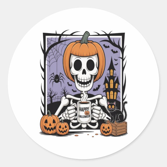 Pumpkin Skeleton trinken Kaffee Runder Aufkleber (Vorderseite)