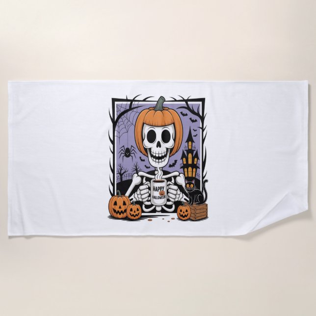 Pumpkin Skeleton trinken Kaffee Strandtuch (Vorderseite)