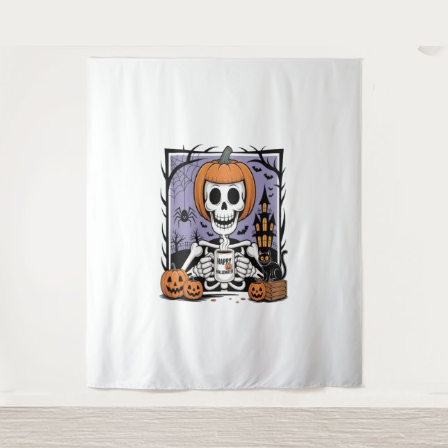 Pumpkin Skeleton trinken Kaffee Wandteppich (Vorderseite)