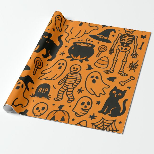 pumpkin, skull and ghost patterned wrapping paper geschenkpapier (Ungerollt)