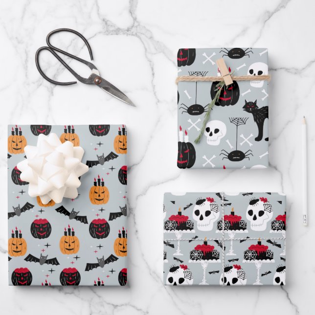 Pumpkin Skulls Black Cat Design Perfekte Halloween Geschenkpapier Set (Vorderseite)