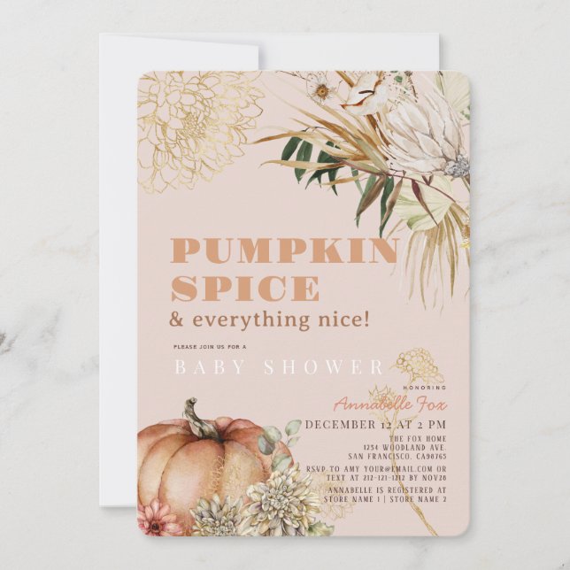 Pumpkin Spice Boho Floral Pink Girl Babydusche Einladung (Vorderseite)