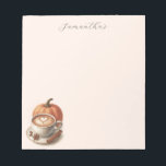 Pumpkin Spice Coffee Themed Notepad Notizblock<br><div class="desc">Stay organized and add a touch of pumpkin spice coffee inspired charm to your daily notes with our personalized notepad. Featuring a delightful watercolor illustration of a pumpkin, spices and latte with heart-shaped foam, this notepad is perfect for coffee enthusiasts. Customize it with your name or a personalized greeting to...</div>
