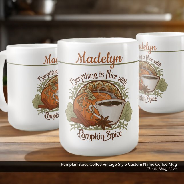 Pumpkin Spice Coffee Vintage Style Custom Name Kaffeetasse (Pumpkin Spice Coffee Vintage Vibe Classic Mug–Personalized with Your Name–15 oz. Size)