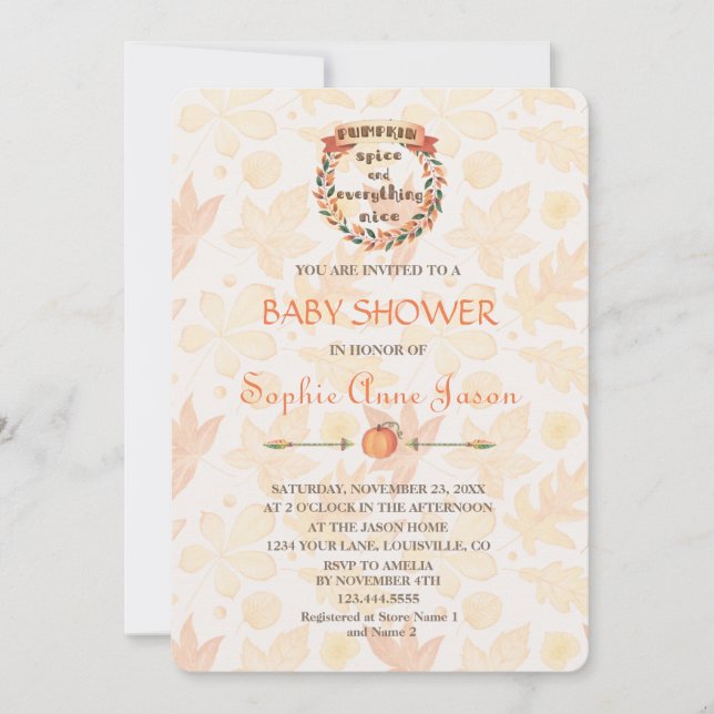 Pumpkin Spice Fall Erntedank Kinderdusche Einladung (Vorderseite)