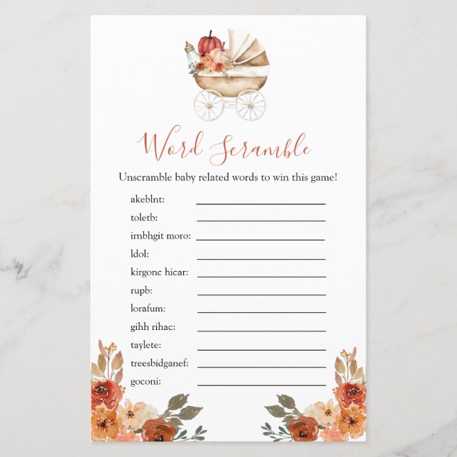 Pumpkin Stroller Floral Baby Shower Word Scramble (Vorderseite)