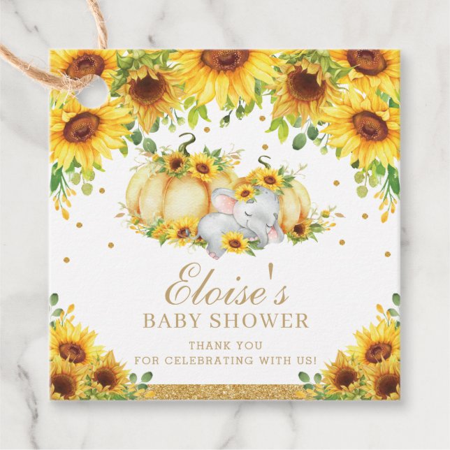 Pumpkin Sunflower Elephant Babydusche Vielen Dank Geschenkanhänger (Vorderseite)