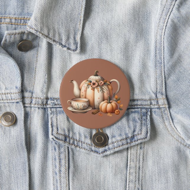 Pumpkin Teapot mit Fall Florals Illustration Button (Beispiel)