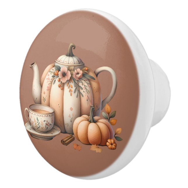 Pumpkin Teapot mit Fall Florals Illustration Keramikknauf (Rechts)