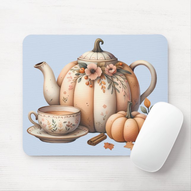 Pumpkin Teapot mit Fall Florals Illustration Mousepad (Mit Mouse)