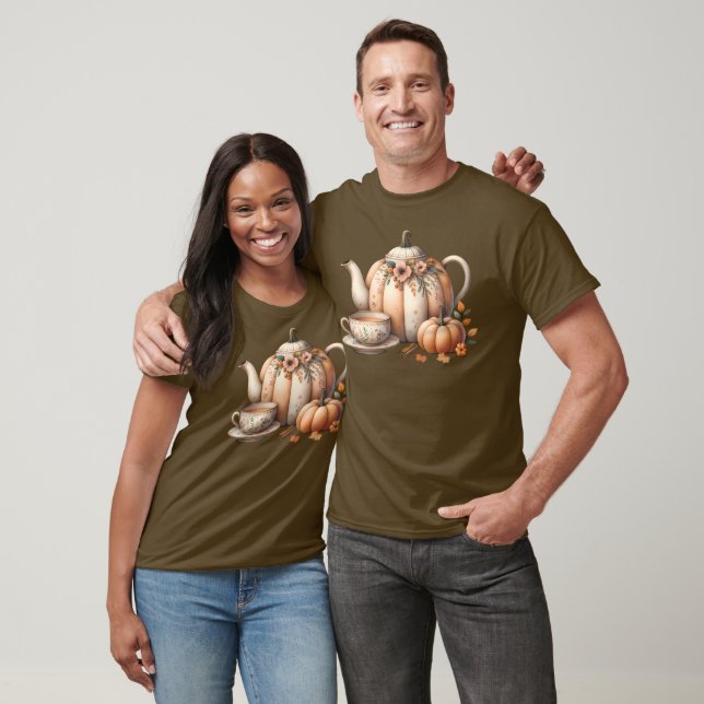 Pumpkin Teapot mit Fall Florals Illustration T-Shirt (Unisex)