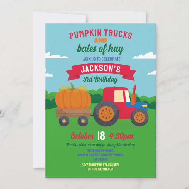 Pumpkin Tractors Birthday Harvest Party Einladung (Vorderseite)