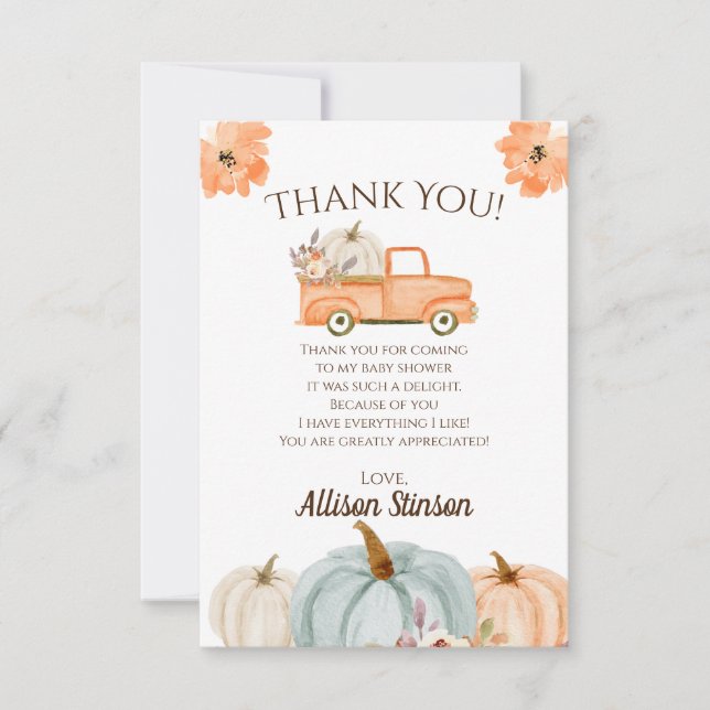 Pumpkin Truck Baby Dusche Dankeskarte (Vorderseite)