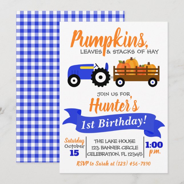 Pumpkin Truck Birthday Einladung - Blue Tractor (Vorne/Hinten)