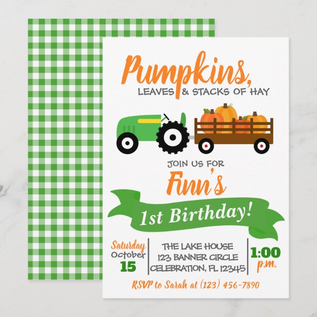 Pumpkin Truck Birthday Einladung - Grüner Traktor (Vorne/Hinten)