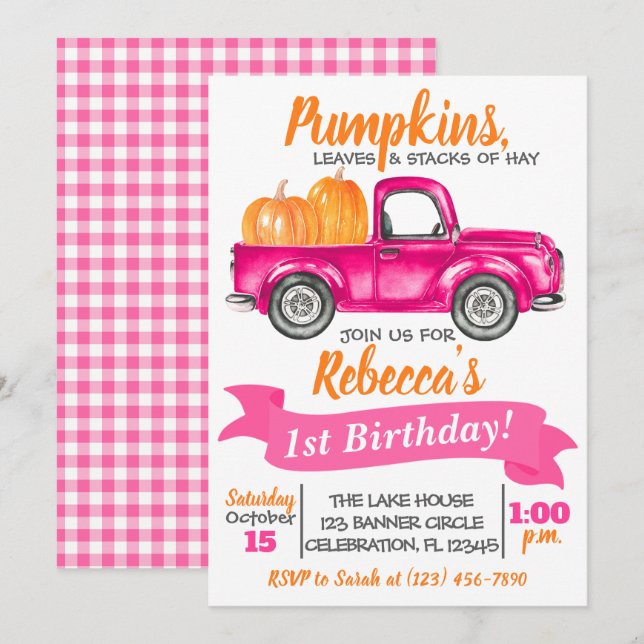 Pumpkin Truck Birthday Einladung - Pink Truck (Vorne/Hinten)