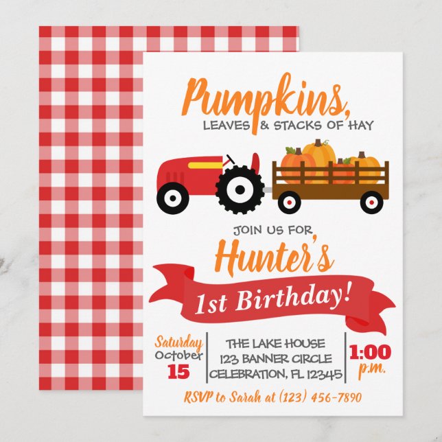 Pumpkin Truck Birthday Einladung - Red Tractor (Vorne/Hinten)