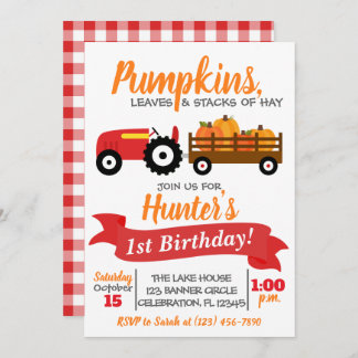 Pumpkin Truck Birthday Einladung - Red Tractor