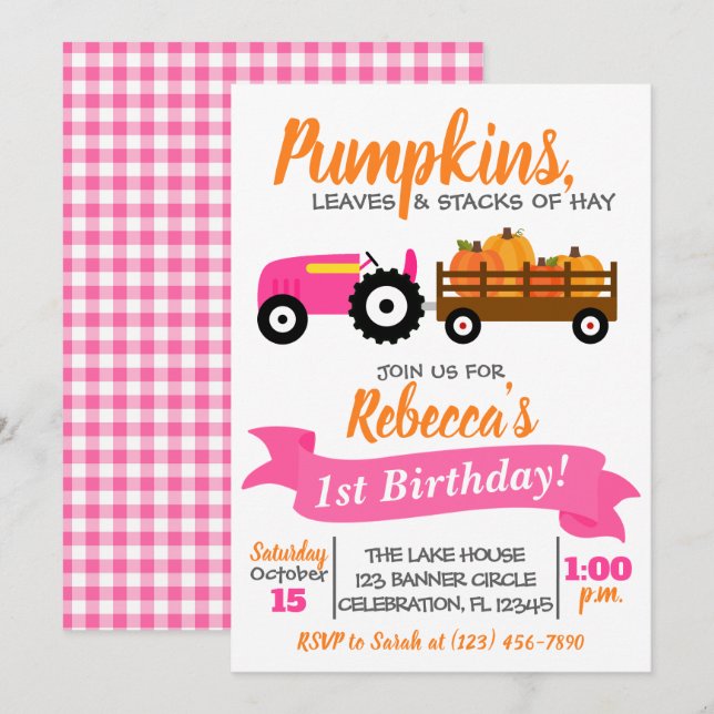 Pumpkin Truck Birthday Einladung - Rosa Traktor (Vorne/Hinten)