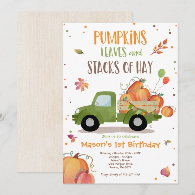 Pumpkin Truck Birthday Party Fall Pumpkin Birthday Einladung (Vorne/Hinten)