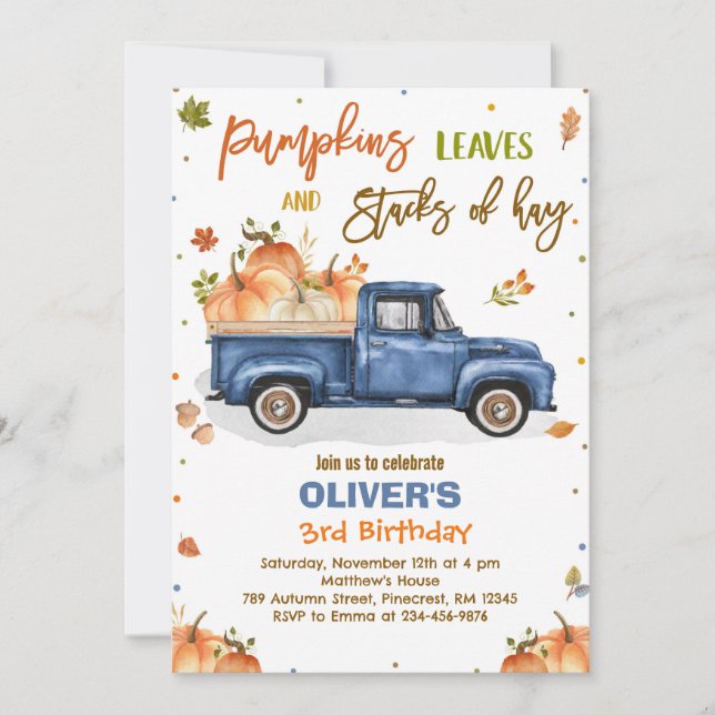 Pumpkin Truck Birthday Party Fall Pumpkin Birthday Einladung (Vorderseite)