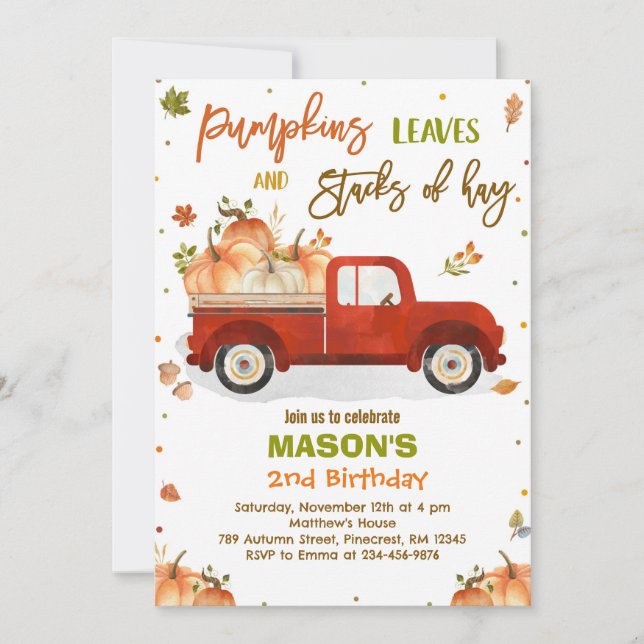 Pumpkin Truck Birthday Party Fall Pumpkin Birthday Einladung (Vorderseite)