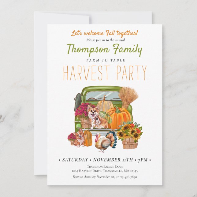 Pumpkin Truck Fall Harvest Party Erntedank Einladung (Vorderseite)