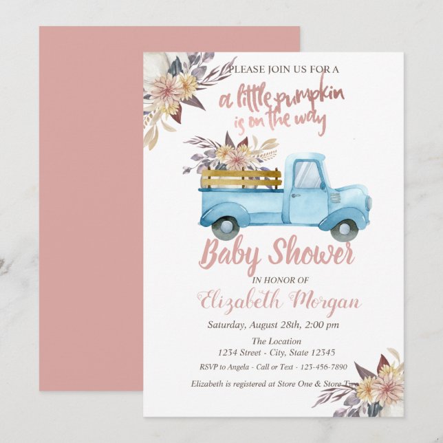 Pumpkin Truck Floral Rose Gold Baby Dusche Einladung (Vorne/Hinten)