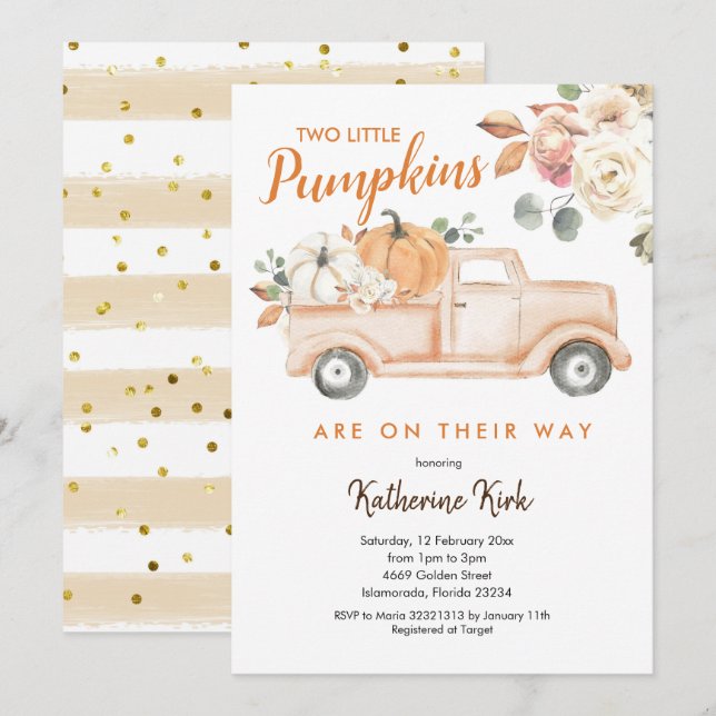 Pumpkin Trucks Floral Baby Dusche Einladung (Vorne/Hinten)
