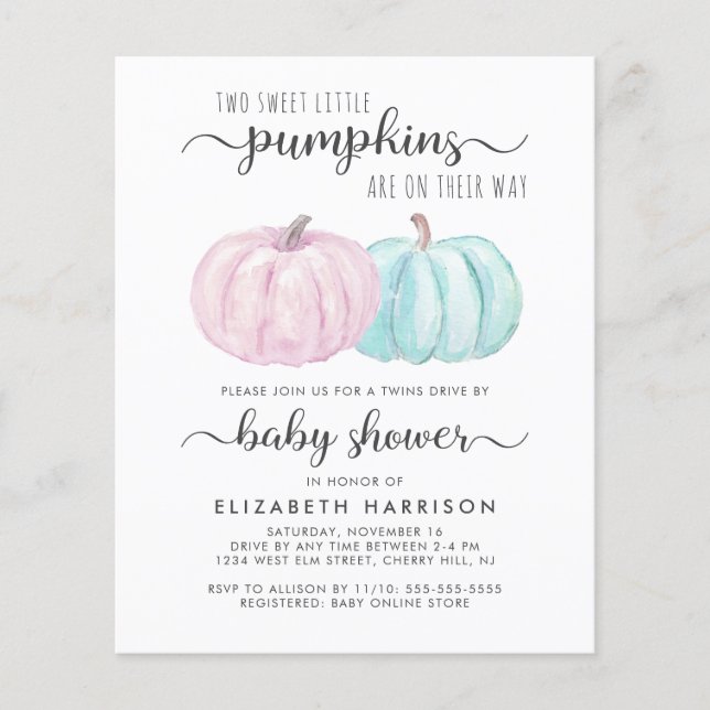 Pumpkin Twin Boy Girl Drive By Baby Showeinladung (Vorderseite)